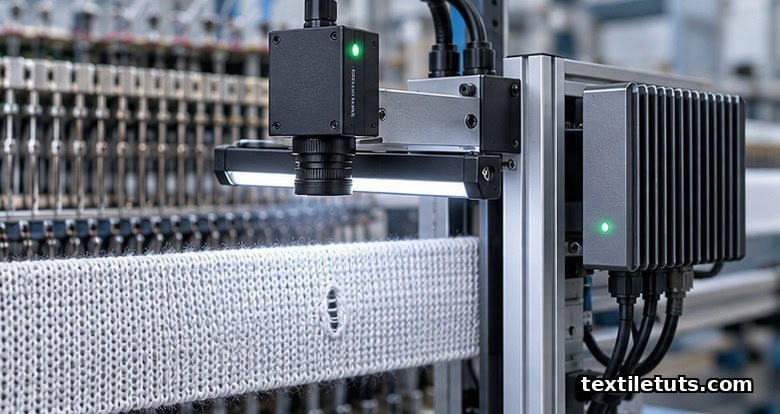 Close-up of an inline inspection cell with camera and light bar monitoring a knitted fabric strip for surface anomalies.