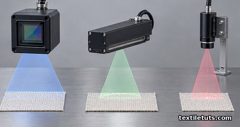 Three inline inspection sensor families staged on a workbench: area-scan RGB camera, hyperspectral line-scan camera, and laser triangulation probe.
