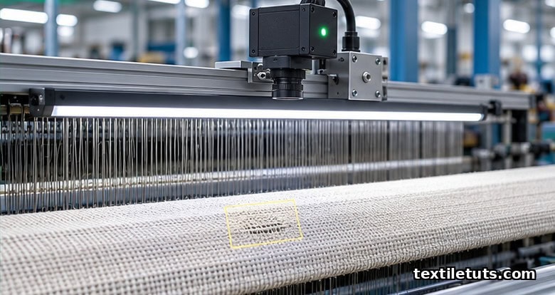 Area-scan vision camera and LED bar mounted above a weaving machine, scanning woven cotton fabric for defects at high line speed.