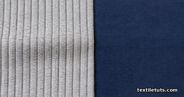 Side-by-side swatches of rib fabric with vertical cords and smooth interlock fabric showing identical faces.