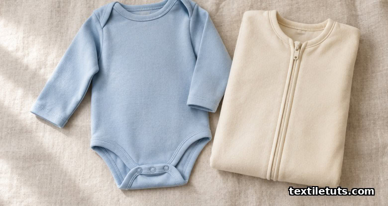 Folded infant bodysuit and sleep sack in powder blue showing smooth interlock knit structure
