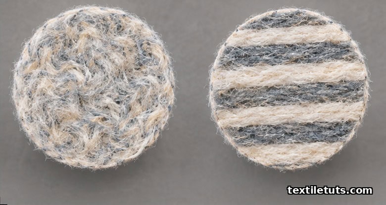 Side-by-side macro comparison of intimate-blended and draw-blended yarn cross-sections showing fiber distribution.