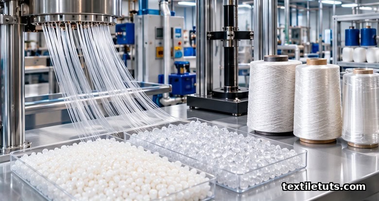 Polymer and spandex fiber production line with fine elastic filaments, white polymer pellets, and stainless-steel spinneret equipment.