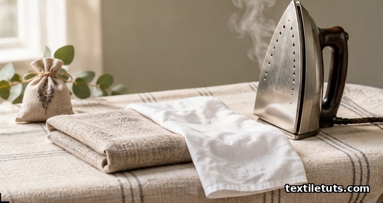 Vintage iron with steam resting on linen-covered ironing board beside a folded cloth and pressing cloth