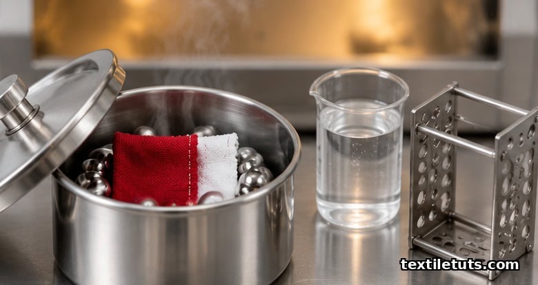 Stainless steel wash container with steel balls, detergent, and a red fabric specimen sewn to a white multifiber strip.