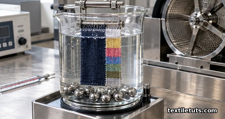 Laboratory setup for ISO 105 C06 colorfastness test showing specimen, multifiber strip and steel balls in detergent bath