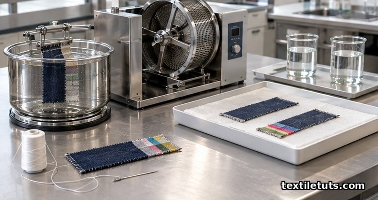 Step-by-step ISO 105 C06 test procedure showing specimen sewing, wash pot, wash-wheel, rinse, and flat drying