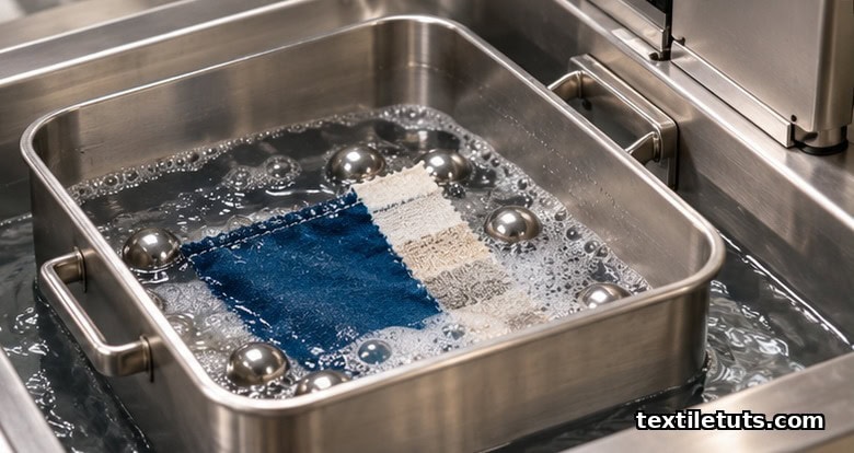 Stainless steel laboratory wash vessel with steel balls, fabric specimen, and multifiber strip in a temperature-controlled water bath.