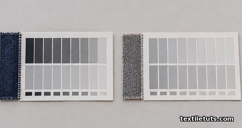 ISO 105-A02 and A03 grey scales with progressive grey chips used to grade shade change and staining