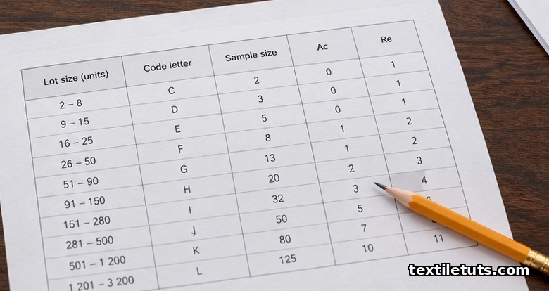 Overhead view of an AQL sample size code letter table printed on QA paper with acceptance and rejection numbers.