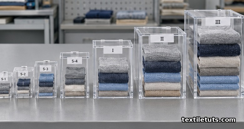 Clear acrylic sample boxes in ascending size representing ISO 2859-1 inspection levels S-1 through III on a QA bench.