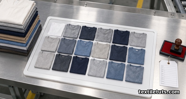 Overhead view of a 32-unit T-shirt sample laid out beside a folded batch of 600 shirts during a Level II AQL 2.5 inspection.