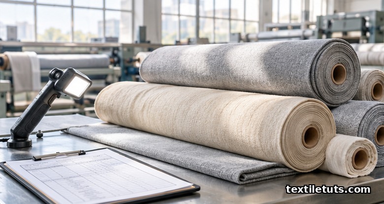 Textile mill QA station with stacked fabric rolls under an inspection lamp and QA clipboard on a metal table.