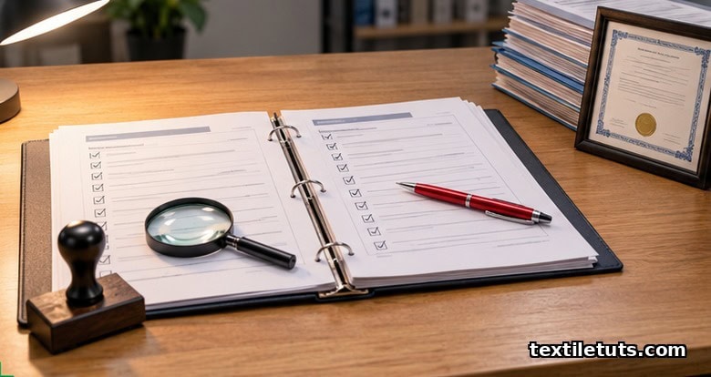 Open certification audit binder with checklist pages, magnifying glass, and a framed certificate document on a wooden desk.