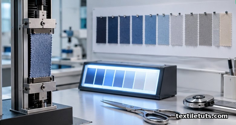 Textile laboratory bench with color swatches on a white board, fabric sample in a tensile tester, and a color-matching lightbox.