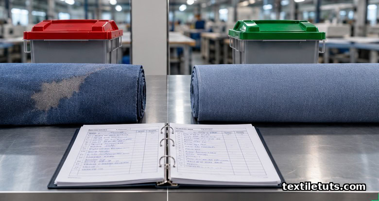 Corrective-action station: defect fabric bolt beside red-lidded bin, passing bolt beside green-lidded bin, with corrective log binder.