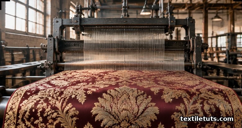Jacquard loom head with unfurling silk damask fabric showing a classical floral medallion repeat in warm light.