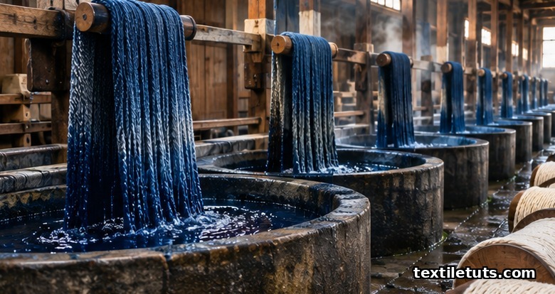 Thick ropes of cotton warp yarn drawn through sequential indigo dye vats, oxidizing to deep blue during rope dyeing at an Okayama mill.