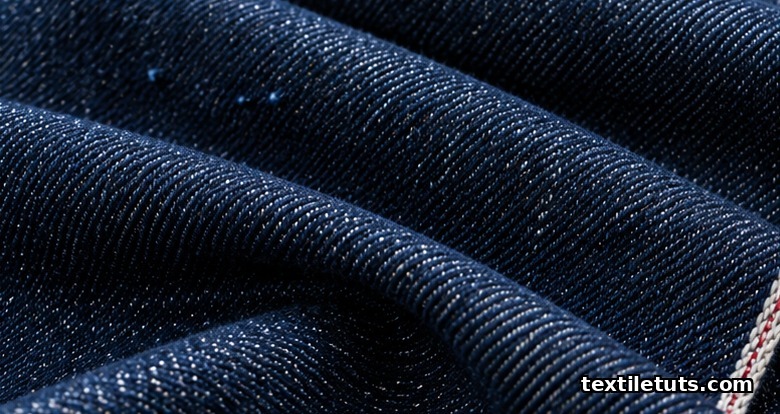 Macro close-up of heavyweight Japanese selvedge denim showing the indigo blue twill weave, slub yarns, and tightly bound self-edge.