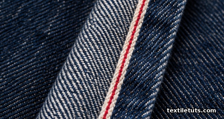 Extreme close-up of a denim outseam revealing a red selvedge ID stripe along the tightly woven self-edge of premium Japanese denim.