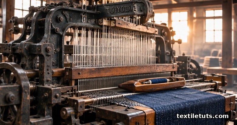 Vintage Toyoda shuttle loom weaving weft yarn across the warp to produce the self-edge on premium Japanese selvedge denim.