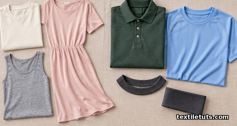 Flat-lay of T-shirts and dresses in single jersey alongside polo shirts and ribbed trim in double jersey.