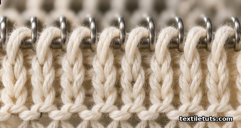 Macro view of intermeshed knit yarn loops showing loop heads, side limbs, and wales on a knitting needle bed.
