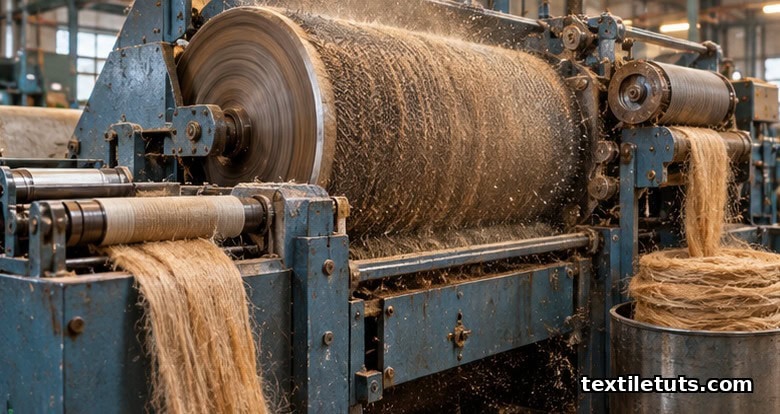 Close-up of a jute breaker card with main cylinder and worker rollers carding fiber ribbon into a sliver.