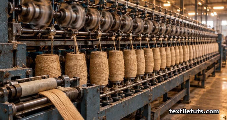 Flyer spinning frame with rows of bobbins twisting coarse jute yarn at a textile mill.