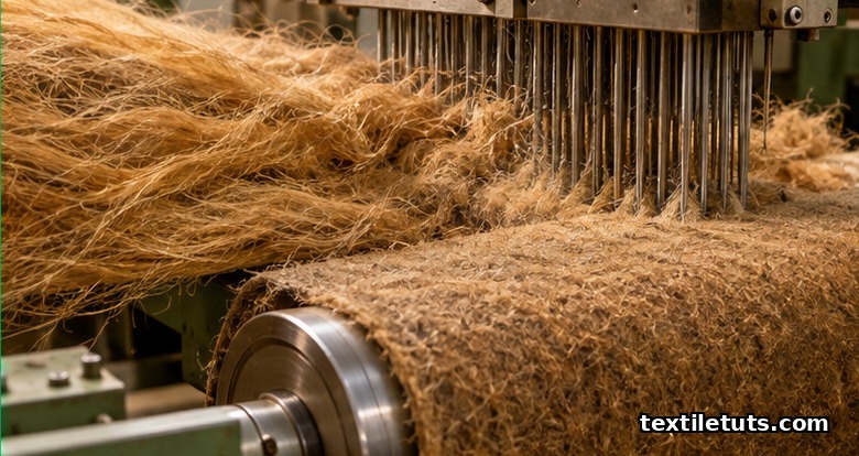 Needle-punching machine bonding golden-brown carded jute fibers into a felted nonwoven mat under warm industrial lighting.