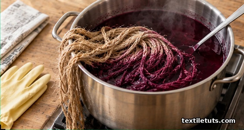 Coils of jute twine partially submerged in a stainless steel pot of deep wine-colored dye bath.