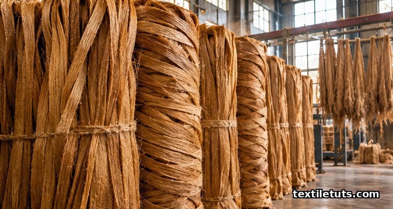 Bundles of golden jute bast ribbons stacked at a jute spinning mill, ready for the batching stage.