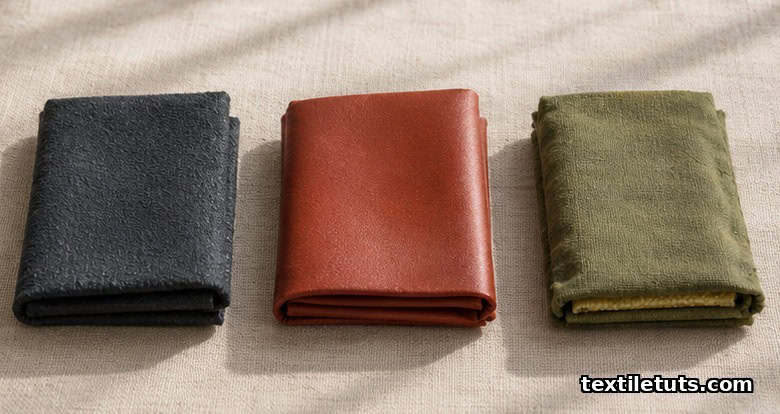 Three Kevlar sample swatches in charcoal pigment, rust-red coating, and olive-green cotton cover laid out on pale linen in soft window light.
