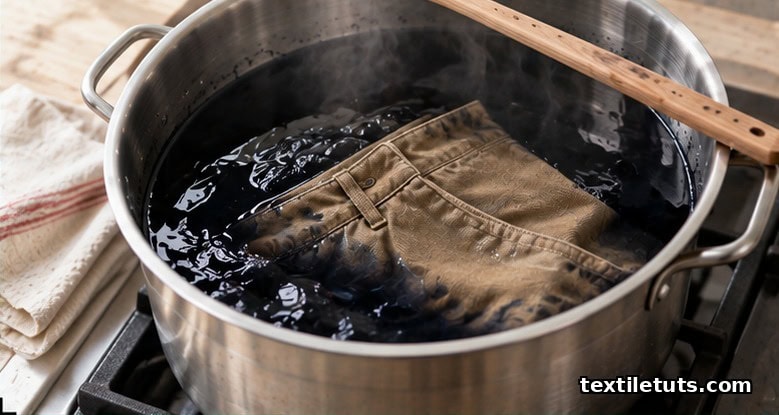 Stainless steel pot of black dye bath with folded khaki pants partially submerged and a wooden stirring stick.