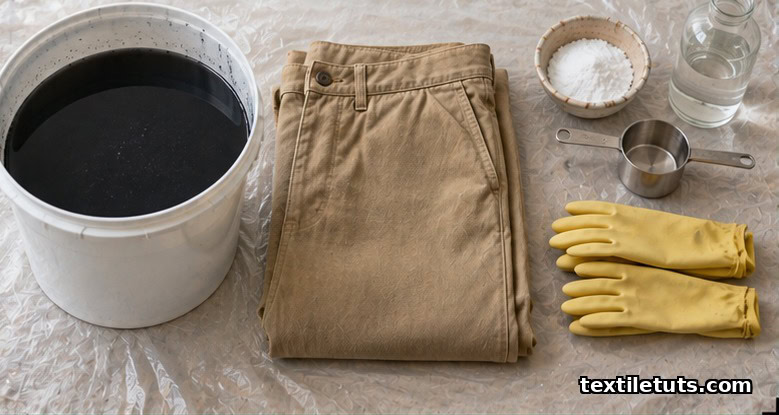 Plastic-covered workspace with a bucket of black dye, clean folded khaki pants, rubber gloves, salt, and vinegar.
