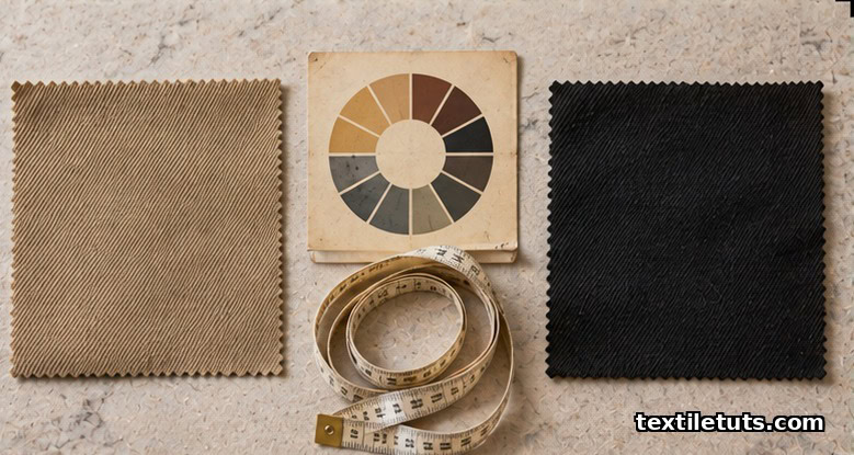 Side-by-side khaki tan and deep black cotton twill fabric swatches on a stone surface with a color wheel.