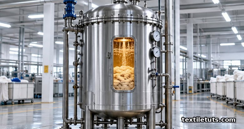 Industrial pressure kier vessel at a cotton textile mill, tall stainless-steel cylinder with domed top, gauges, and circulating caustic liquor through rope-form cotton.
