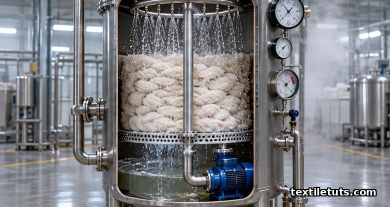 Cutaway view of a vertical pressure kier showing rope-form cotton on a false bottom with caustic liquor pumped through a spray ring down through the load.
