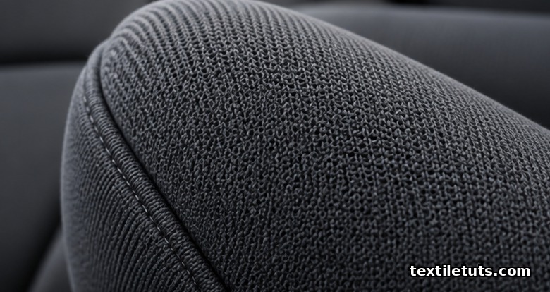 Charcoal warp-knit polyester textile draped over an automotive seat bolster, looped knit structure visible under studio lighting.