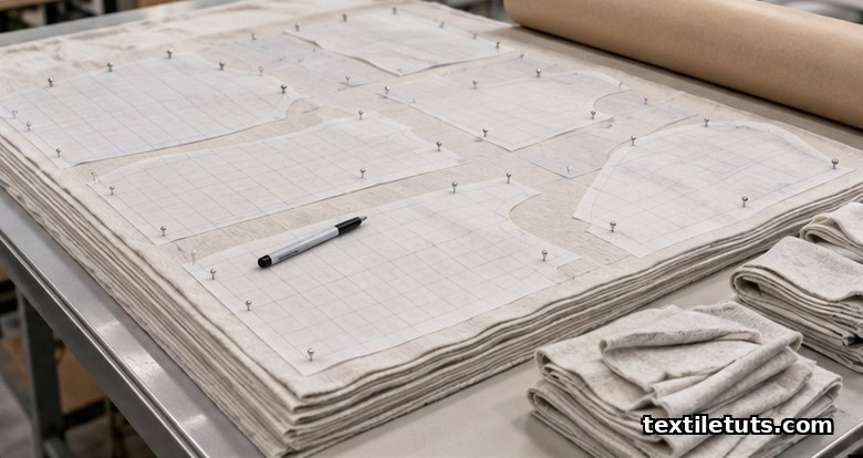 Layers of cotton single jersey spread on a cutting table with translucent marker pattern pieces pinned across the plies for marker efficiency.