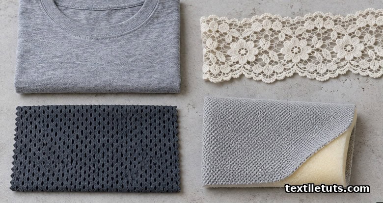 Flat-lay of four knit end uses: cotton jersey t-shirt, Raschel lace trim, athletic mesh swatch, and automotive headliner fabric on pale concrete.