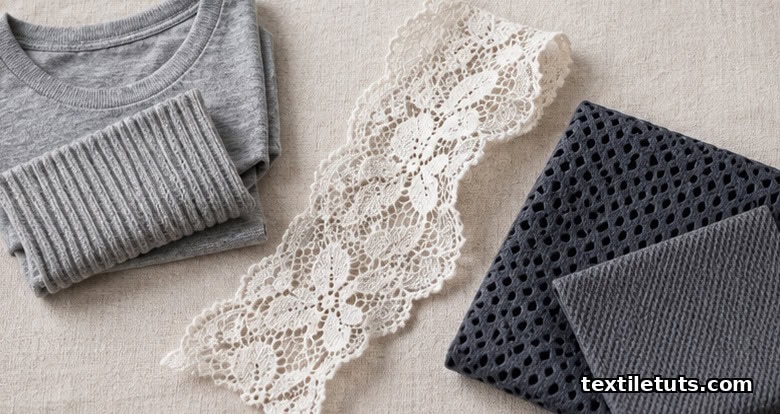Flat-lay of folded knit fabric samples and garment pieces representing apparel, lingerie lace, athletic mesh, and automotive textile end uses.