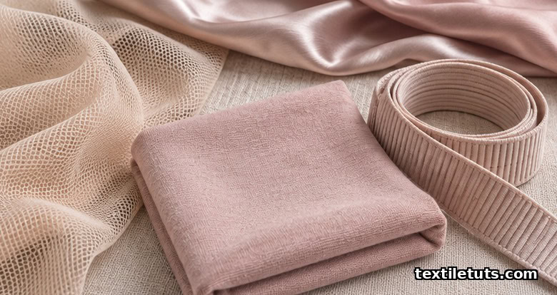 Flat lay of knit lingerie fabric swatches in cream and blush tones, including single jersey, ribbed waistband fabric, sheer power mesh, and silk on linen.