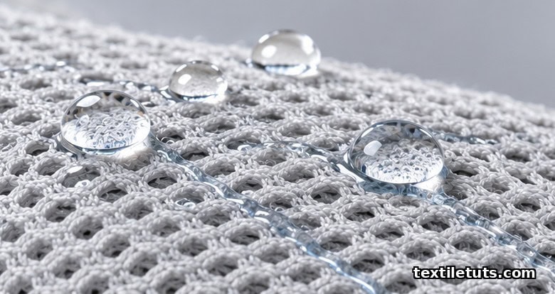 Macro photo of athletic knit fabric with water droplets resting on engineered mesh surface showing moisture wicking