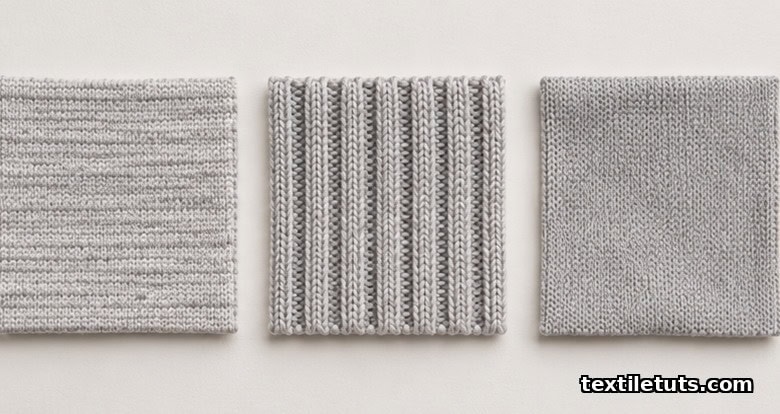 Three knit fabric swatches laid side by side showing single jersey, rib knit, and interlock double-knit structures used in modern underwear.