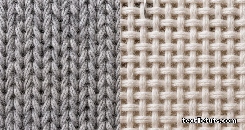 Side-by-side macro comparison of single jersey knit loops on the left and plain woven warp and weft yarns on the right.