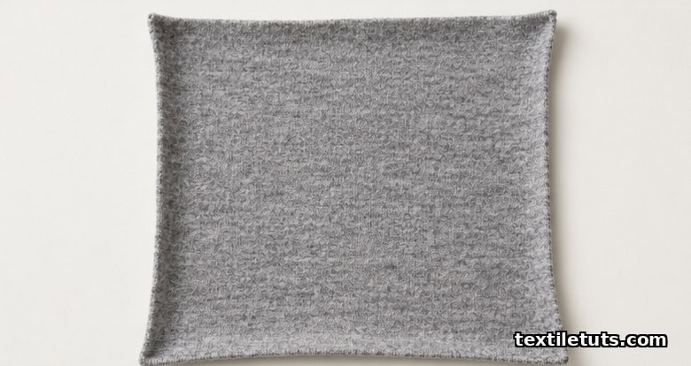 Studio overhead shot of heather gray single jersey knit fabric laid flat showing loop structure and curled cut edges.