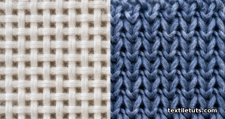 Magnified textile structures showing knit loops interlocking side by side with perpendicular woven warp and weft yarns at same magnification.