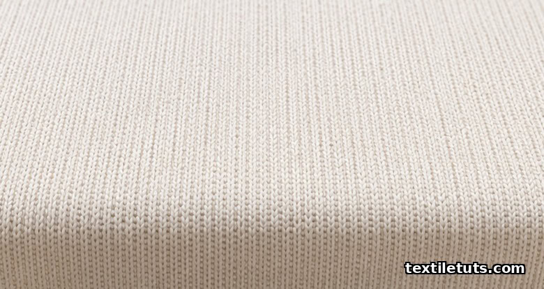Close-up of soft white knit mattress ticking fabric showing looped yarn texture, wales, and breathable weave.