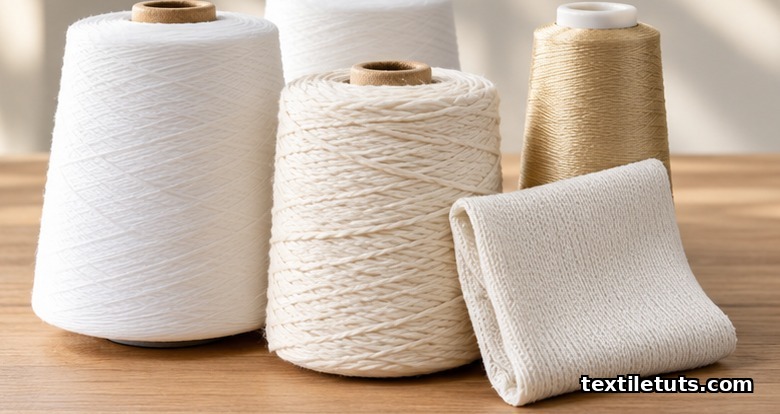 Spools of polyester filament, cotton, and viscose yarn arranged beside a folded knit mattress ticking swatch.